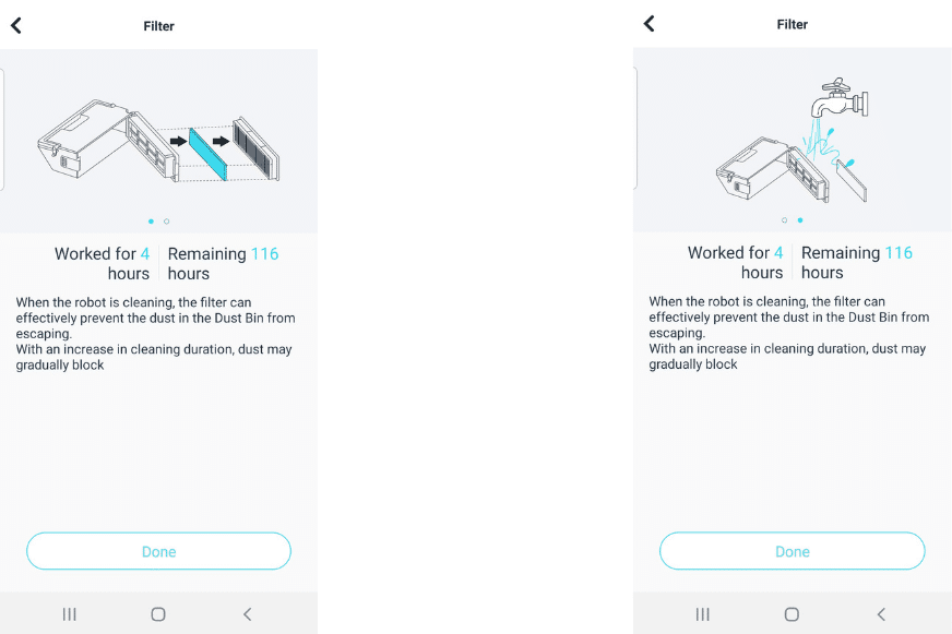In der Yeedi App wird gezeigt, wie die Filterreining eines Yeedi Saug-Wisch-Roboters zu erfolgen hat